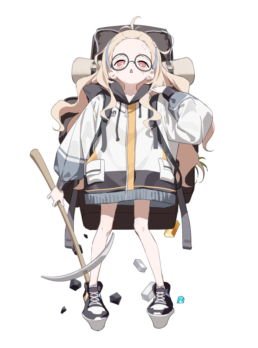1girl 2t_(vmyz7342) absurdres ahoge backpack bag bandaid blonde_hair forehead full_body glasses highres holding hood jacket long_hair long_sleeves looking_at_viewer multicolored_hair open_mouth pickaxe red_eyes round_eyewear shoes simple_background sneakers solo standing triangle_mouth white_background white_jacket