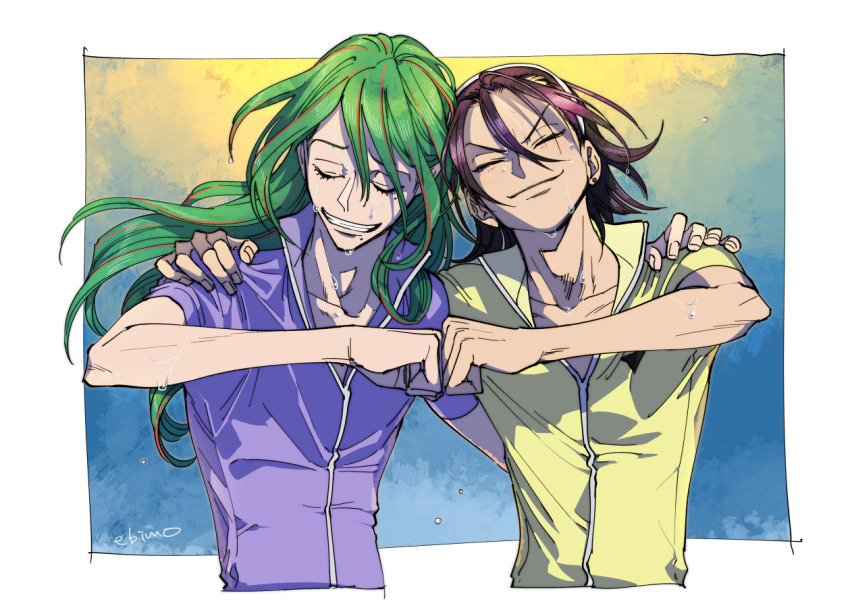 2boys bangs_pinned_back black_hair closed_eyes closed_mouth collarbone collared_shirt fist_bump green_hair grin hairband hand_on_another&#039;s_shoulder head_down head_rest long_hair makishima_yuusuke male_focus medium_hair mojisan_(ebimo) multicolored_hair multiple_boys purple_shirt shirt short_sleeves signature smile streaked_hair sweatdrop toudou_jinpachi upper_body white_hairband yellow_shirt yowamushi_pedal