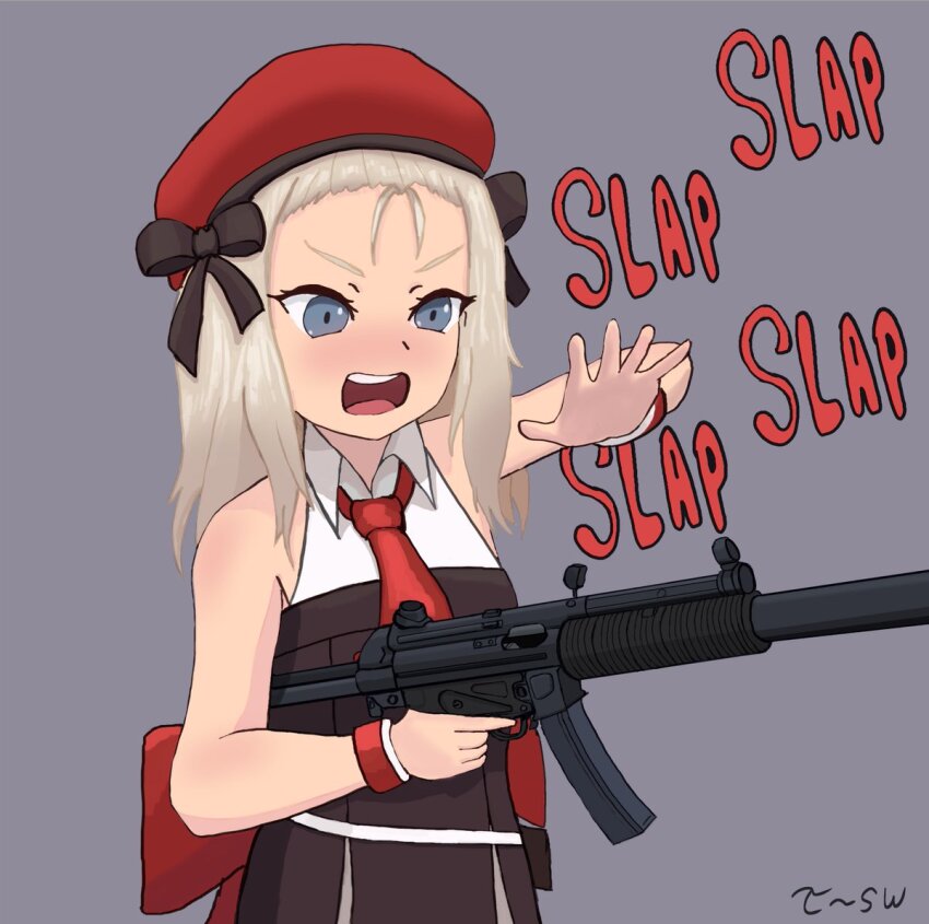 1girl beret blonde_hair blue_eyes blush dress girls&#039;_frontline gloves gun h&amp;k_mp5 h&amp;k_mp5sd hat holding holding_gun holding_weapon integral_suppressor integrally-suppressed_firearm long_hair meme mp5_(girls&#039;_frontline) necktie open_mouth plap_plap_plap_get_pregnant_(meme) red_hat ribbon solo submachine_gun suppressor tagme the_superweirdo weapon white_hair
