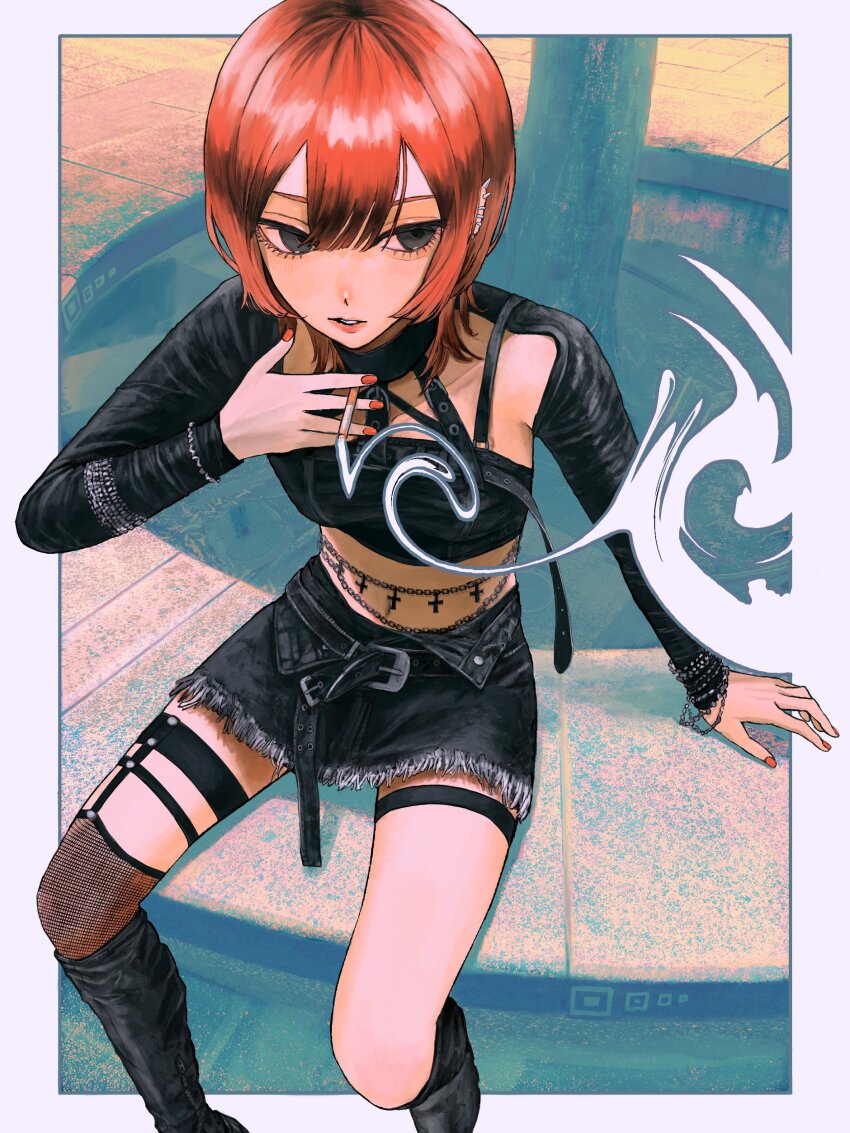 1girl absurdres armlet armpit_crease belly_chain belt black_belt black_boots black_collar black_shirt black_skirt black_sleeves black_straps blush boots border bracelet breasts cigarette collar commentary cross_ornament detached_sleeves ear_piercing english_commentary feet_out_of_frame fishnet_thighhighs fishnets from_above full_body goth_fashion grey_eyes hair_between_eyes highres holding holding_cigarette jewelry knee_boots looking_to_the_side lui_n24 medium_hair midriff navel original outdoors outside_border parted_lips piercing red_hair red_lips red_nails shirt single_thighhigh sitting skirt small_breasts smoke solo teeth thigh_strap thighhighs white_border
