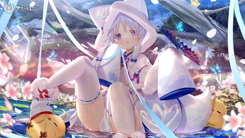1girl animal_ears azur_lane bird cloak colored_eyelashes copyright_name copyright_notice folding_fan fox_tail hand_fan highres hood hooded_cloak japanese_clothes logo long_sleeves manjuu_(azur_lane) official_art open_mouth purple_eyes sitting sleeves_past_fingers sleeves_past_wrists tail thighhighs thighs uranami_(azur_lane) water white_hair white_thighhighs yano_mitsuki_(nanairo)