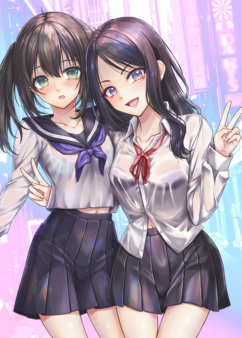 2girls alto_seneka black_hair black_skirt blush bra_visible_through_clothes breasts brown_hair cityscape double_v green_eyes hair_between_eyes highres lips looking_at_viewer medium_breasts medium_hair midriff_peek multiple_girls navel open_mouth original pleated_skirt purple_eyes school_uniform serafuku shirt short_twintails skirt smile twintails v white_shirt