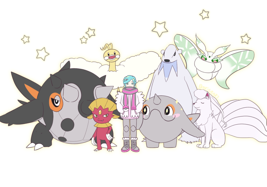 1boy alolan_form alolan_ninetales altaria alternate_color animal_ears antennae arice487 bear_ears beartic blue_hair cetitan cetoddle claws colored_skin forehead_jewel fox_ears frosmoth full_body gen_3_pokemon gen_4_pokemon gen_5_pokemon gen_7_pokemon gen_8_pokemon grey_skin grusha_(pokemon) hands_in_pockets insect_wings moth_wings nintendo pokemon pokemon_(creature) pokemon_masters_ex shiny_pokemon solid_oval_eyes sparkle standing star_(symbol) weavile wings