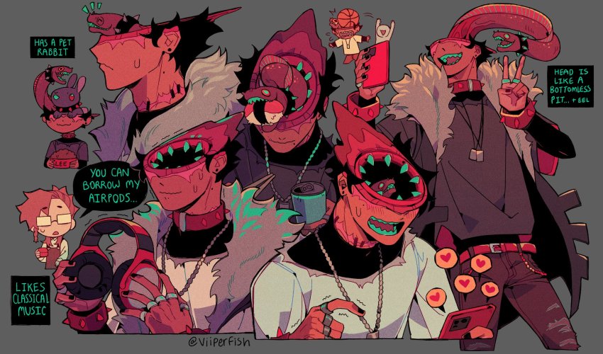 2boys animal artist_name belt black_hair black_jacket black_nails black_shirt blush bowl bracelet brown_hair chibi chibi_inset collar colored_teeth commentary dark-skinned_male dark_skin denim dog_tags earrings eel english_commentary english_text extra_mouth facing_to_the_side facing_viewer fur-trimmed_jacket fur_collar fur_trim glasses green_teeth grey_background hands_up headphones heart highres holding holding_headphones holding_phone jacket jeans jewelry long_sleeves looking_at_another looking_at_object looking_at_phone male_focus monster_boy multiple_boys multiple_views nail_polish necklace no_eyes notice_lines open_clothes open_mouth original pants pendant pet_bowl pet_food phone rabbit red_belt red_collar ring scar scar_on_face scar_on_neck selfie sharp_teeth shirt short_hair sleeveless sleeveless_jacket smile speech_bubble spiked_bracelet spiked_collar spikes spoken_heart stitches stud_earrings teeth torn_clothes torn_jeans torn_pants turtleneck twitter_username v viiperfish white_shirt