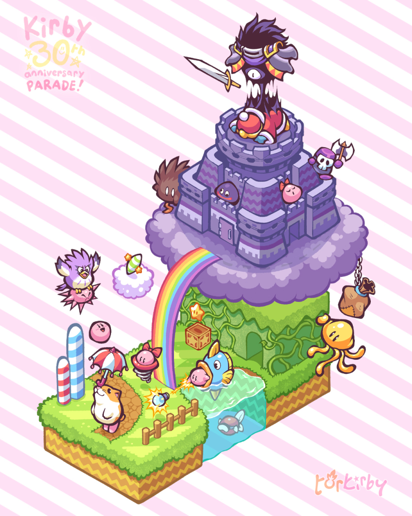 :d anniversary armor artist_name axe bag battle_axe blipper bouncy_(kirby) bow butch_(kirby) carrying castle chain closed_eyes closed_mouth cloud commentary commentary_request coo_(kirby) copy_ability copyright_name dark_matter_(kirby) dark_matter_blade diving_mask efreeti_(kirby) english_commentary female_gooey_(kirby) fence fish flying goggles gooey_(kirby) grass helmet highres holding holding_axe jellyfish kine_(kirby) king_dedede kirby kirby&#039;s_dream_land_2 kirby_(series) master_green_(kirby) mixed-language_commentary needle_kirby nintendo no_humans one-eyed open_mouth parasol parasol_kirby path pink_background pink_bow plant rainbow rick_(kirby) road sack shoulder_armor simple_background smile spark_kirby spikes star_(symbol) star_block striped_background swimming sword torkirby umbrella vines water weapon white_background wooden_fence