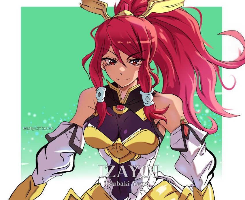 absurdres armor armored_dress bare_shoulders billycsta358 blazblue blazblue:_central_fiction blazblue:_chronophantasma bow breasts detached_sleeves dress hair_ornament hair_tubes highres izayoi_(blazblue) long_hair looking_at_viewer ponytail red_eyes red_hair smile solo tsubaki_yayoi