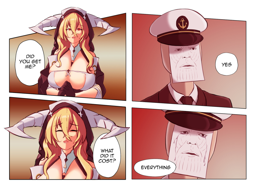1boy 1girl 4koma areola_slip avengers:_endgame avengers:_infinity_war avengers_(series) azur_lane blonde_hair breasts brown_background cleavage cleavage_cutout closed_eyes clothing_cutout comic commander_(azur_lane) conversation crying english_text fake_horns gloves gradient_background happy hat highres horns implacable_(azur_lane) large_breasts marvel marvel_cinematic_universe meme military_hat nun paper parallelrey red_background red_eyes sad scene_reference simple_background smile speech_bubble standing tears thanos