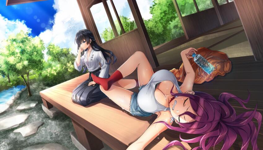 2girls black_hair bottle breasts cleavage closed_eyes denim denim_shorts dolphin_wave game_cg hagane_otsuki highres holding holding_bottle japanese_clothes kurenashi_yuuri large_breasts long_hair lying multiple_girls non-web_source official_art on_back ootomo_takuji outdoors purple_hair red_socks seiza short_shorts shorts sitting sleeveless socks