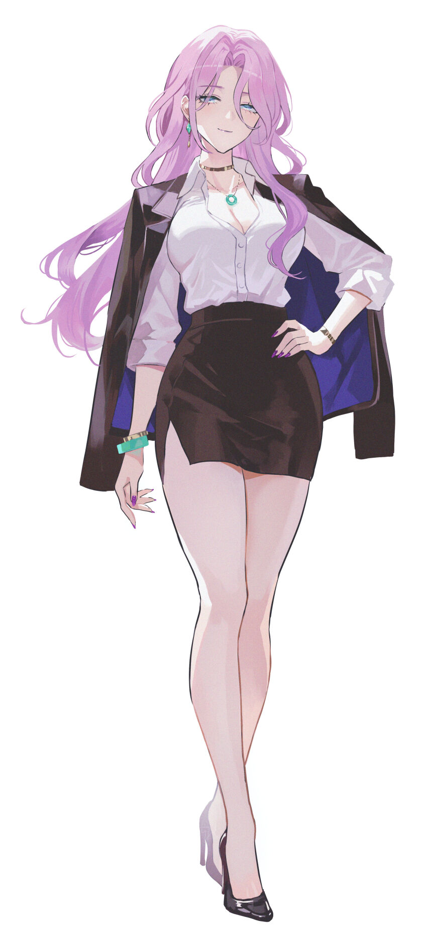 1girl absurdres alternate_costume bare_legs black_jacket black_shoes black_skirt blue_eyes bracelet breasts cleavage closed_mouth collared_shirt commentary_request earrings fingernails full_body hand_on_own_hip high_heels highres honkai:_star_rail honkai_(series) jacket jacket_on_shoulders jade_(gemstone) jade_(honkai:_star_rail) jewelry large_breasts legs long_fingernails long_hair looking_at_viewer maria_(maria_rose) nail_polish necklace partial_commentary patent_heels pumps purple_hair purple_nails shirt shirt_tucked_in shoes simple_background skirt smile solo standing stiletto_heels watch white_background white_shirt wristwatch