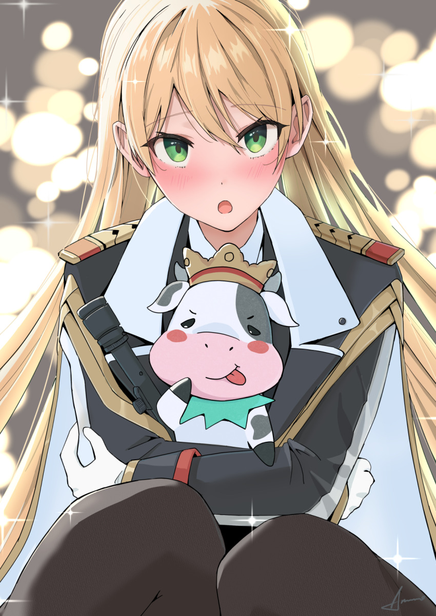 ammo21204760 blonde_hair blurry blurry_background blush bull commission commissioner_upload crown epaulettes girls&#039;_frontline gloves green_eyes highres hug long_hair looking_at_viewer military_uniform non-web_source open_mouth skeb_commission smile stg44_(girls&#039;_frontline) stg44_(mod3)_(girls&#039;_frontline) stuffed_animal stuffed_bull stuffed_toy thighhighs tongue tongue_out very_long_hair white_gloves