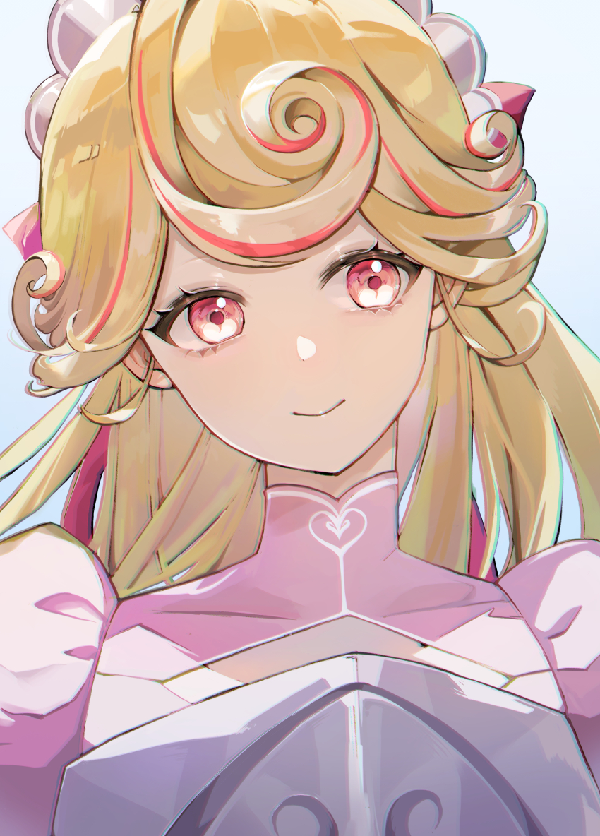 1girl absurdres aegyo_sal armor blonde_hair blue_background chest_armor cleavage_cutout closed_mouth clothing_cutout commentary cookie_run cookie_run:_kingdom curly_hair double-parted_bangs dress english_commentary facing_viewer head_tilt heart highres humanization kouign-amann_cookie long_hair looking_to_the_side multicolored_hair nadesiko97 pink_dress pink_eyes pink_hair portrait puffy_sleeves red_hair simple_background smile solo straight-on streaked_hair turtleneck turtleneck_dress