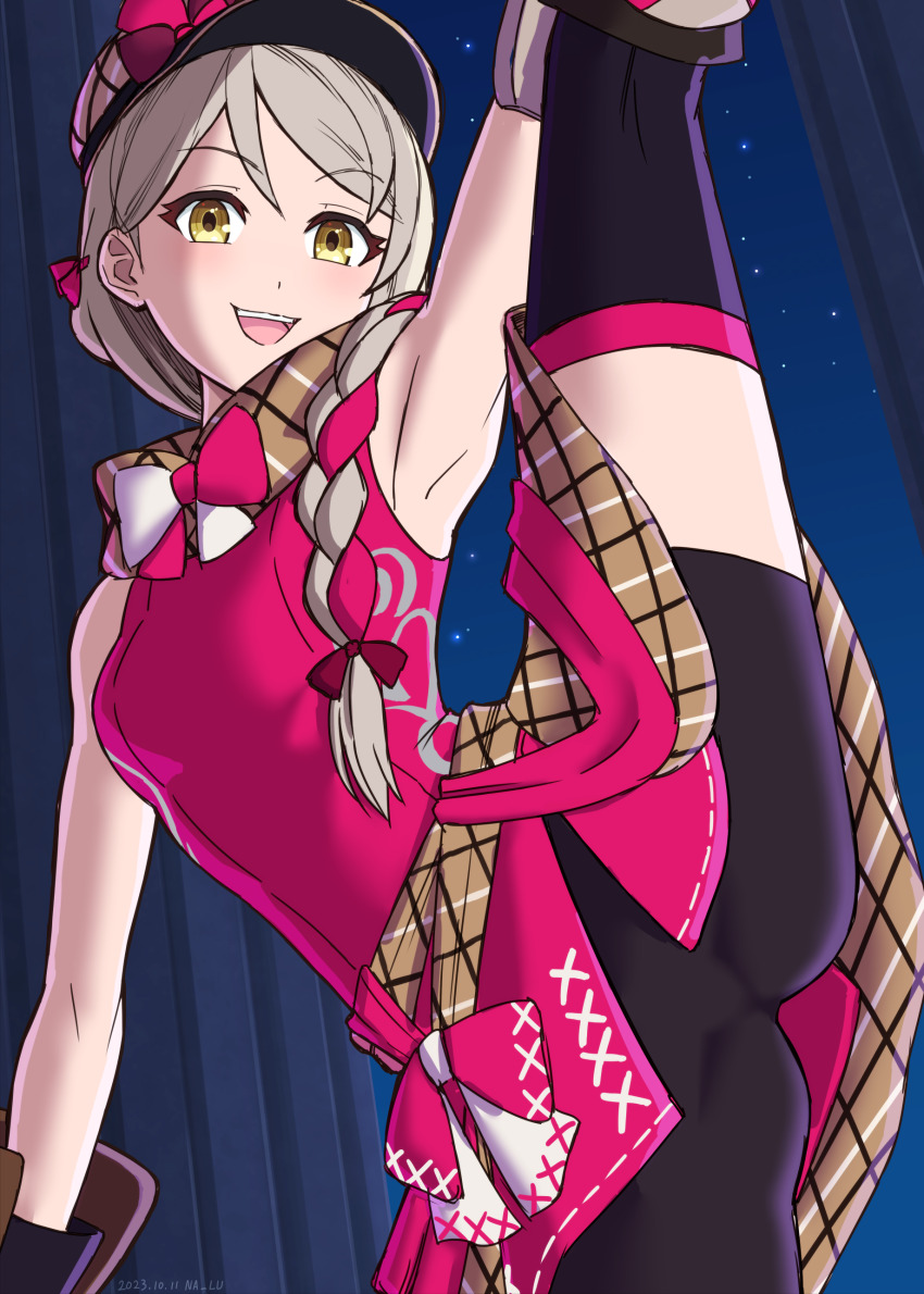 1girl absurdres bike_shorts black_shorts blonde_hair bow bowtie braid breasts brown_scarf fire_emblem fire_emblem_engage framme_(fire_emblem) hat highres long_hair looking_at_viewer multicolored_hair naaru nintendo open_mouth pink_bow pink_bowtie pink_hair plaid_clothes plaid_headwear plaid_scarf scarf shorts single_braid small_breasts smile solo split standing standing_on_one_leg standing_split two-tone_bow two-tone_bowtie two-tone_hair white_bow white_bowtie wrist_guards yellow_eyes