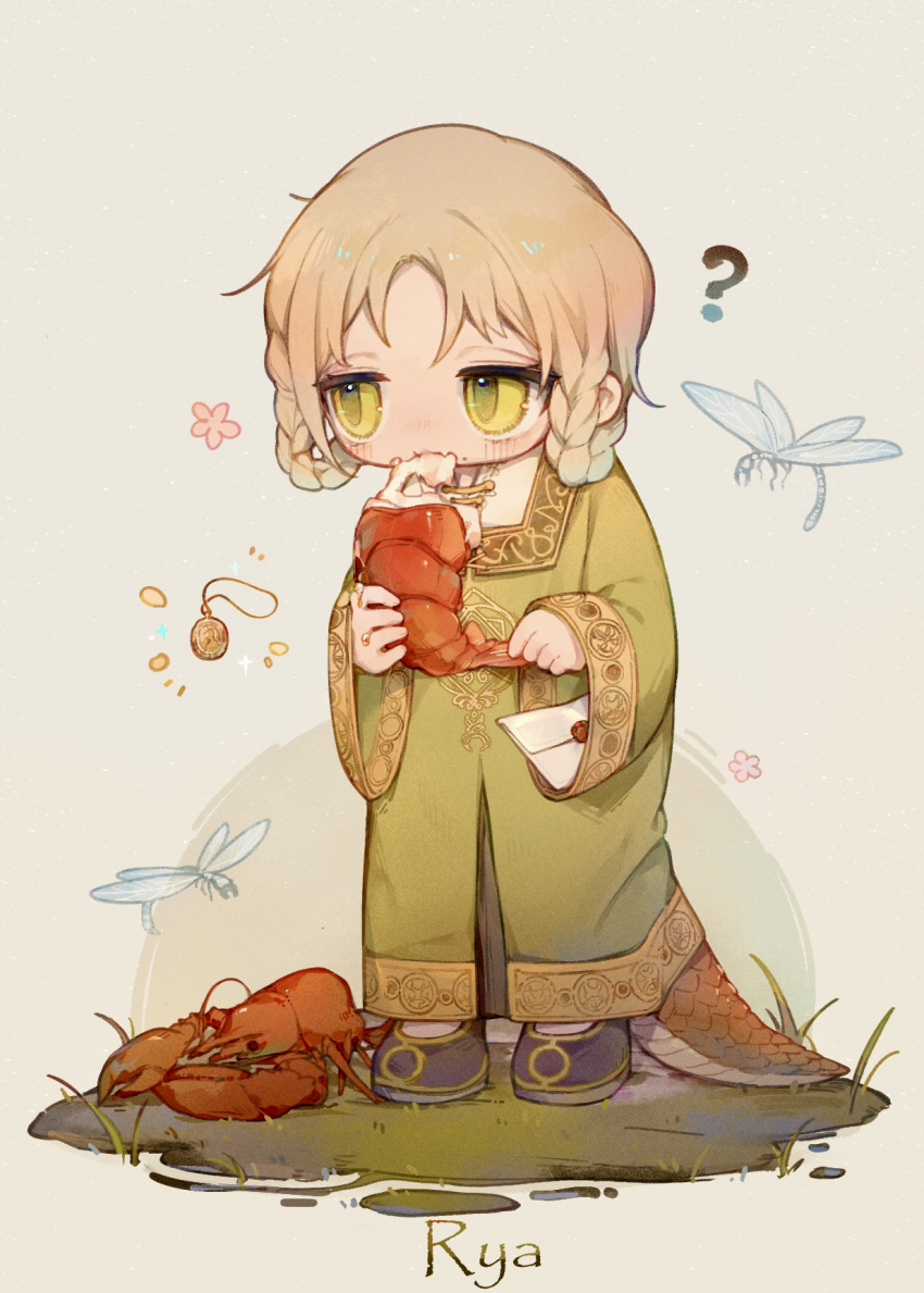 1girl ? blonde_hair braid brown_footwear crayfish dress eating elden_ring food green_dress green_eyes highres holding holding_food jewelry letter lizard_tail long_sleeves pendant rya_(elden_ring) shrimp snake_tail tail twin_braids uchuunin