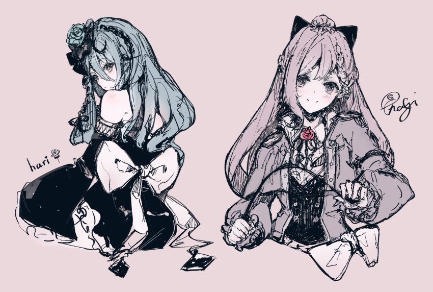 2girls black_dress black_hairband black_vest blue_flower blue_hair blue_rose bow breasts ci_s collared_shirt detached_sleeves dress flower grey_eyes grey_jacket hair_between_eyes hair_flower hair_ornament hairband head_tilt highres holding holding_whip huge_bow jacket looking_at_viewer medium_breasts multiple_girls nijisanji nijisanji_kr pink_hair red_flower red_rose rose ryu_hari shirt sitting smile so_nagi vest virtual_youtuber white_bow white_shirt yellow_eyes