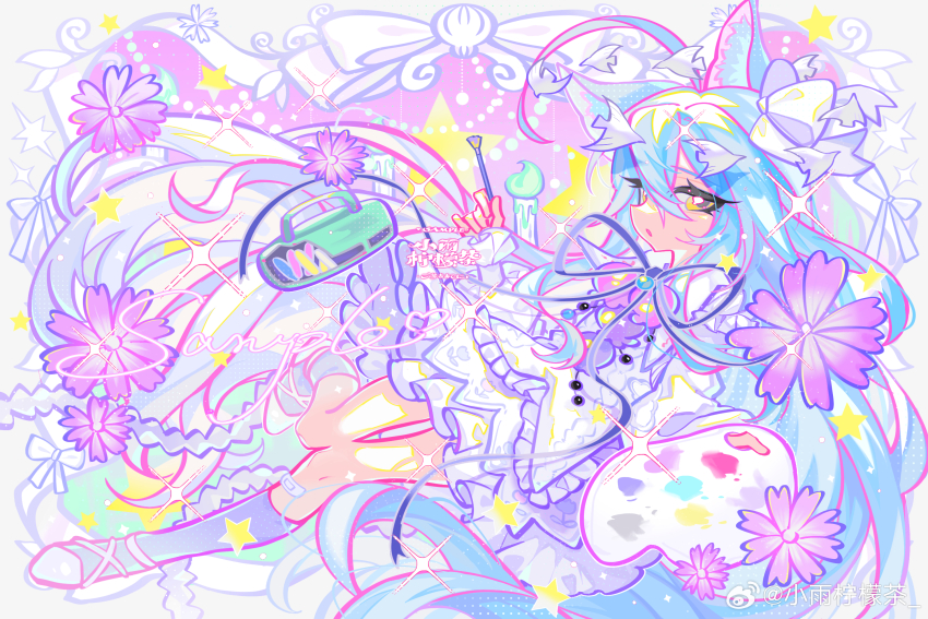 blue_hair colorful dress falling_petals flower high-visibility_clothing high-visibility_vest highres holding original petals pink_flower solo thighhighs white_dress white_thighhighs xiaoyunatie