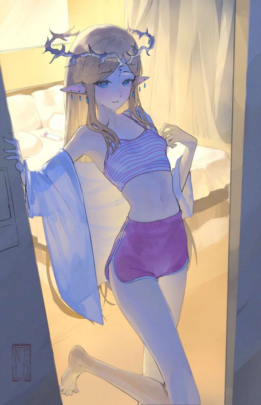 1girl alternate_costume artist_logo bare_shoulders barefoot bed blonde_hair blue_eyes breasts cartethyia_(wuthering_waves) closed_mouth commentary crop_top crown_of_thorns doorway earrings highres hitachi_magic_wand jacket jewelry logo long_hair medium_breasts multiple_earrings navel neid_art open_clothes open_jacket parted_bangs pink_shorts pointy_ears pov_doorway sex_toy shorts sidelocks single_off_shoulder smile solo stomach tacet_mark_(wuthering_waves) very_long_hair vibrator white_jacket wuthering_waves
