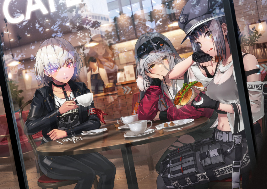 1boy 5girls :p anis_(nikke) armband band_shirt black_hair black_mask black_sports_bra bob_cut breasts cafe cafe_sweety_(nikke) cargo_pants cleavage cream cup denim denim_shorts disposable_cup elbow_sleeve faceless faceless_male fingerless_gloves frayed_clothes frima_(nikke) fur-trimmed_jacket fur_trim gloves goddess_of_victory:_nikke grey_hair hair_over_eyes highres hot_dog jacket leather leather_jacket leather_pants long_hair looking_at_viewer medium_hair merchandise milk_(nikke) multiple_girls multiple_reflections neon_(nikke) pants print_jacket red_armband see-through_clothes see-through_shirt shirt short_hair shorts sitting sleep_mask smile sonsoso sports_bra granulated_sugar sugar_(nikke) t-shirt teacup tomboy tongue tongue_out torn_clothes torn_pants white_hair