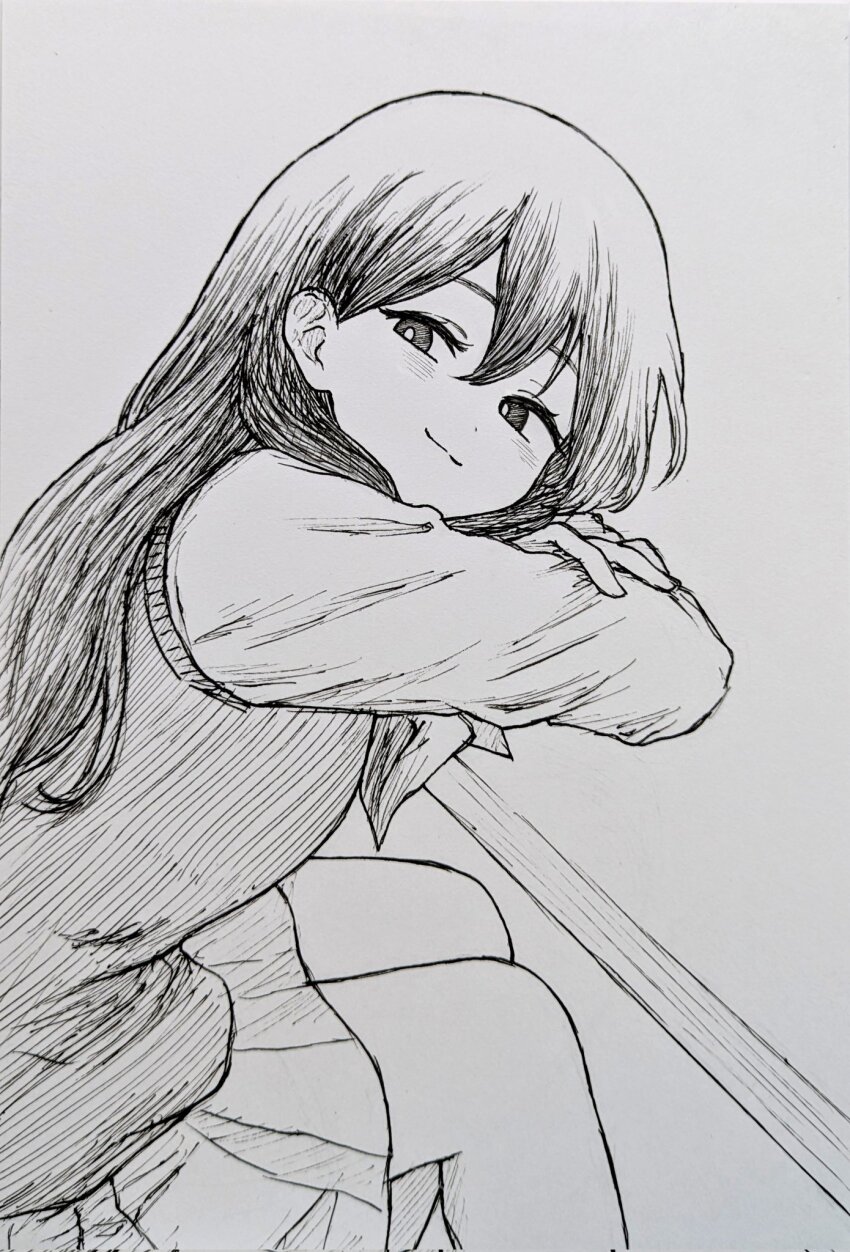 1girl :3 alternate_sleeve_length closed_mouth greyscale highres long_hair long_sleeves looking_at_viewer mari_(headspace)_(omori) mari_(omori) mimn_(kdjgxrt1xt69701) monochrome neckerchief omori pleated_skirt shirt simple_background skirt smile smug solo sweater_vest traditional_media
