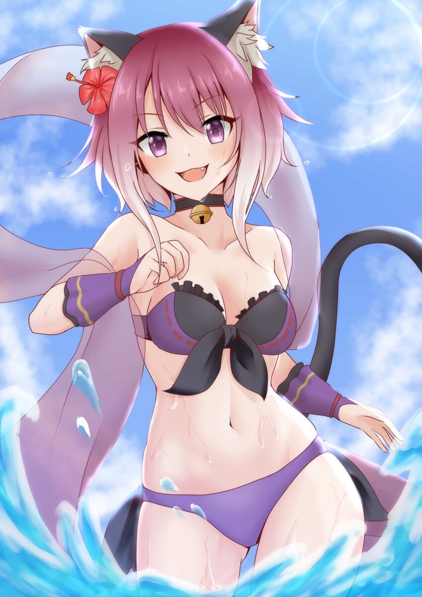 1girl :d absurdres animal_ear_fluff animal_ears bare_shoulders bell bikini breasts bridal_gauntlets cat_ears cat_girl cat_tail chakuro96 commentary_request flower front-tie_bikini_top front-tie_top gluteal_fold hair_flower hair_ornament highres jingle_bell looking_at_viewer medium_breasts navel neck_bell official_alternate_costume open_mouth princess_connect! purple_bikini purple_eyes ribbon-trimmed_bikini ribbon_trim shawl short_hair smile solo swimsuit tail tamaki_(princess_connect!) tamaki_(summer)_(princess_connect!)