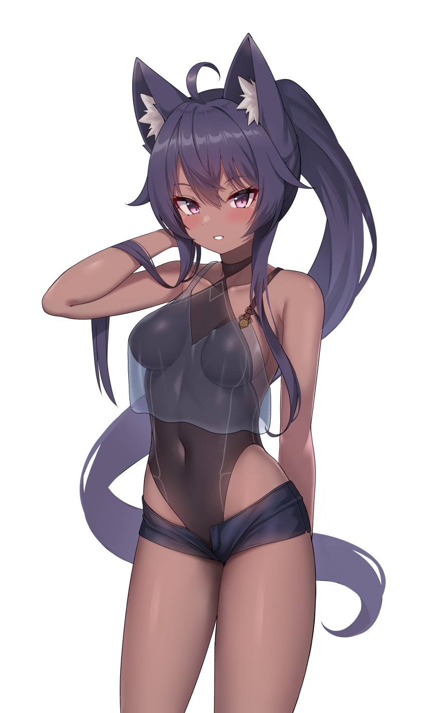 1girl absurdres ahoge animal_ears arm_behind_back arm_up bare_arms bare_shoulders black_hair black_leotard black_shorts blouse borrowed_character breasts brown_kemomimi-chan_(krr) commission covered_navel crop_top crop_top_overhang dark-skinned_female dark_skin grin highleg highleg_leotard highres kumarang leotard long_hair looking_at_viewer medium_breasts micro_shorts open_fly original ponytail purple_eyes see-through_clothes shirt shorts sleeveless sleeveless_shirt smile solo standing thighs transparent_background very_long_hair wolf_ears