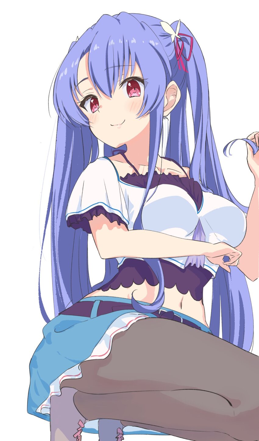 1girl alternate_hairstyle belt black_belt black_pantyhose blue_hair blue_skirt blush breasts butterfly_hair_ornament closed_mouth collarbone commentary domotteru frilled_skirt frilled_sleeves frills from_below hair_between_eyes hair_ornament hair_ribbon hand_up highres knees_out_of_frame large_breasts long_hair looking_at_viewer midriff miniskirt navel pantyhose red_eyes red_ribbon ribbon shoes short_sleeves sidelocks simple_background skirt smile solo sorakado_ao split_mouth squatting summer_pockets tiptoes twintails very_long_hair white_background white_shoes