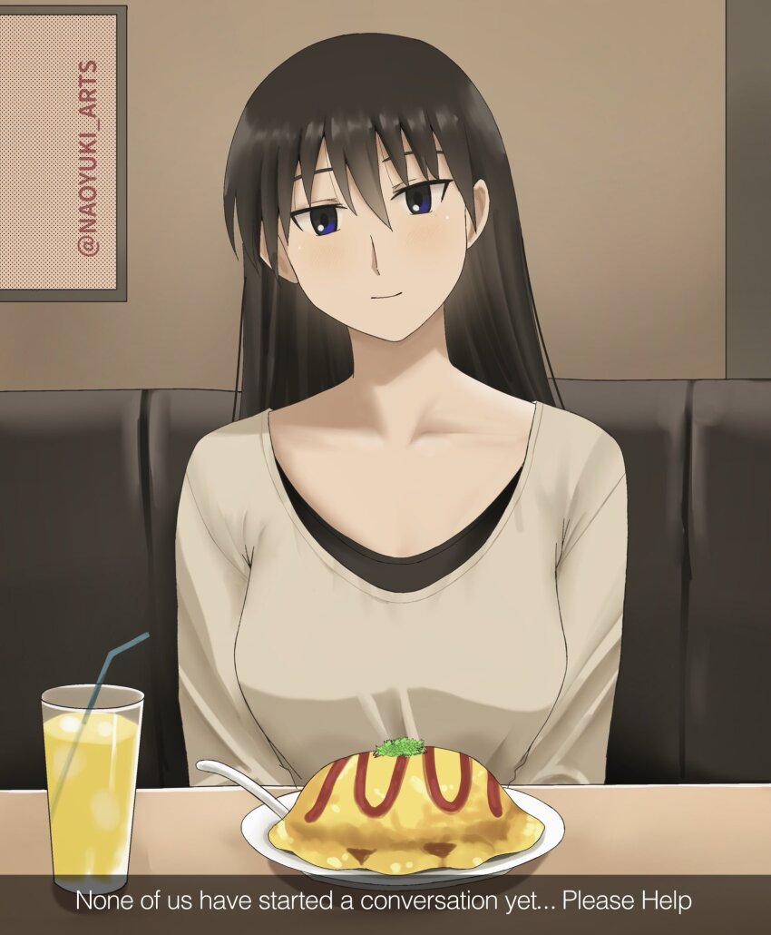 1girl azumanga_daiou black_eyes black_hair food head_tilt highres long_hair looking_at_viewer naoyuki_arts omelet omurice sakaki_(azumanga_daioh) smile tagme very_long_hair