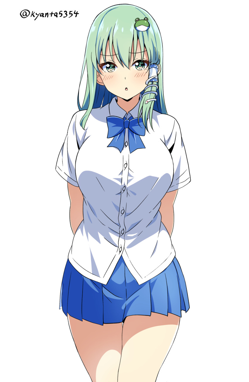 1girl :o alternate_costume arms_behind_back blue_bow blue_bowtie blue_skirt bow bowtie breasts cowboy_shot frog_hair_ornament green_eyes green_hair hair_ornament highres kochiya_sanae kyanta5354 large_breasts long_hair looking_at_viewer miniskirt parted_lips pleated_skirt school_uniform shirt short_sleeves simple_background skirt snake_hair_ornament solo touhou white_background white_shirt