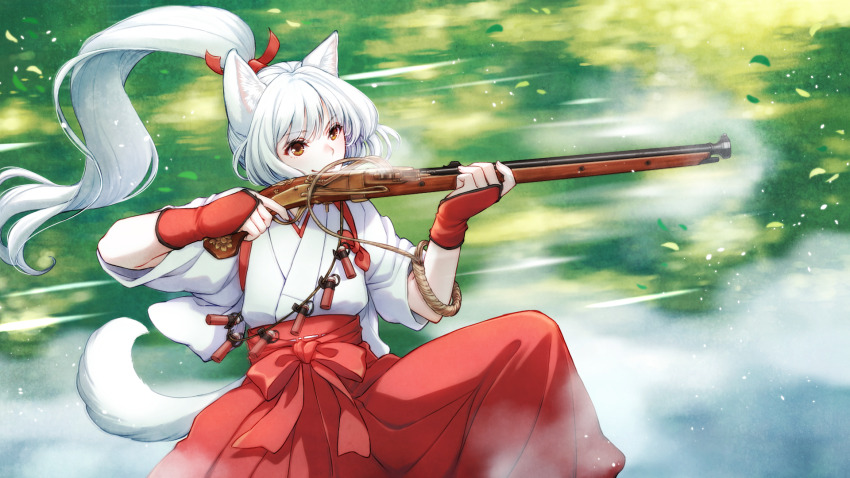 animal_ears antique_firearm arquebus chihaya_(clothing) dog_ears firearm firelock grey_hair gun hakama highres holding holding_gun holding_weapon japanese_clothes kimono matchlock miko motion_blur original ponytail red_eyes red_hakama rifle smirk soujirou tail weapon white_hair white_kimono