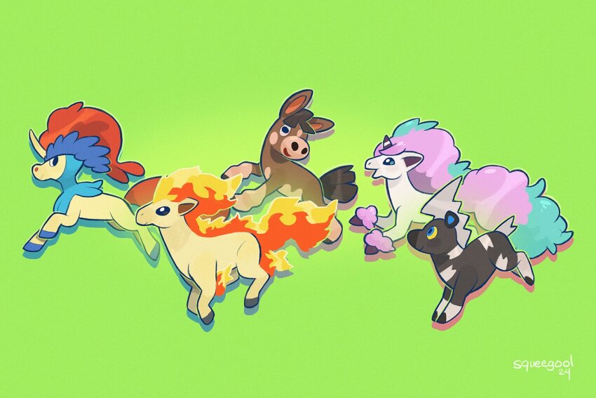 black_fur blitzle brown_fur from_side galarian_form galarian_ponyta gen_1_pokemon gen_5_pokemon gen_7_pokemon gen_8_pokemon green_background keldeo keldeo_(ordinary) legendary_pokemon mudbray mythical_pokemon nintendo no_humans pokemon pokemon_(creature) ponyta signature simple_background squeegool two-tone_fur white_fur