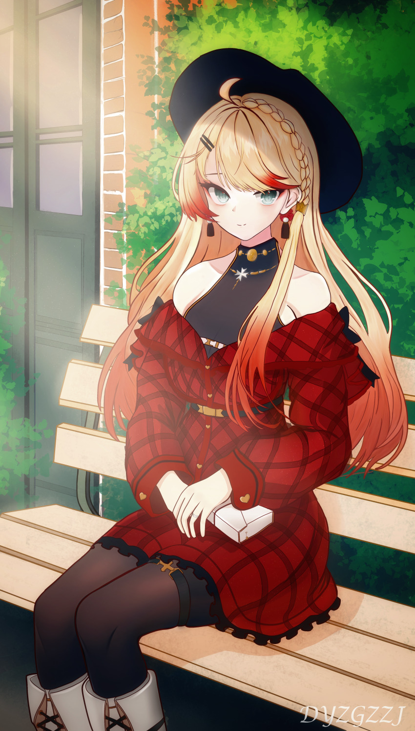 1girl absurdres artist_name azur_lane black_hat blonde_hair boots braid brown_pantyhose checkered_clothes checkered_dress dress dyzgzzj earrings gradient_hair hat highres howe_(azur_lane) howe_(noble_rouge)_(azur_lane) jewelry lace-up_boots long_hair long_sleeves multicolored_hair off-shoulder_dress off_shoulder official_alternate_costume outdoors pantyhose plaid_clothes plaid_dress red_dress red_hair side_braid sitting sleeveless sleeveless_turtleneck solo streaked_hair turtleneck two-tone_hair white_boots