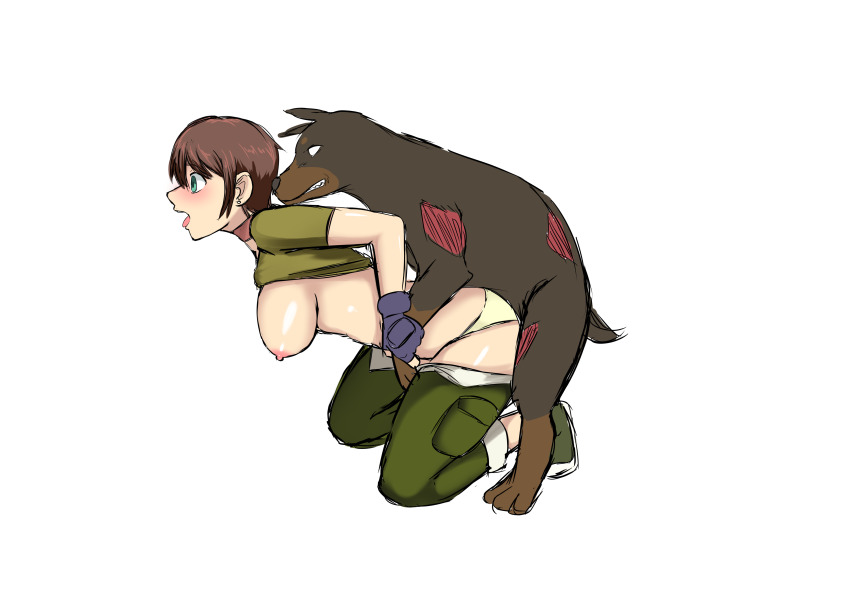 absurdres bent_over bestiality blue_eyes breasts brown_hair cargo_shorts cerberus_(resident_evil) choker clothing_aside dog earrings fingerless_gloves gloves highres jewelry nipples nivi open_mouth panties rebecca_chambers resident_evil sex shirt shoes short_hair shorts underwear wide-eyed