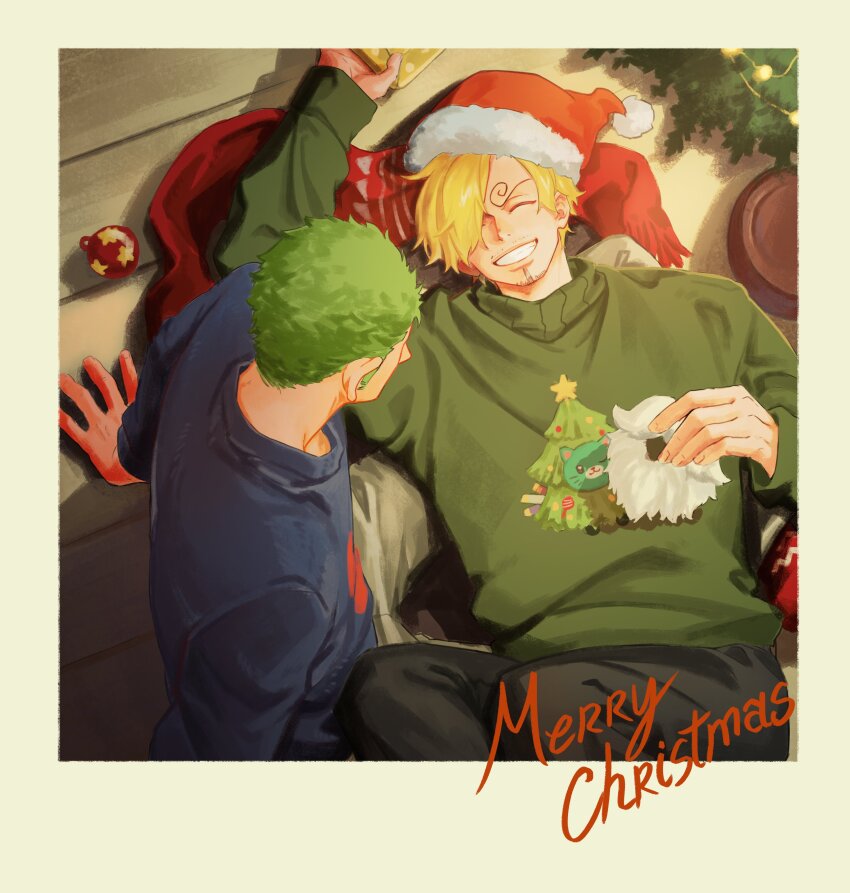 2boys absurdres black_pants blonde_hair blue_sweater border christmas christmas_sweater closed_eyes commentary facial_hair fake_beard fake_facial_hair goatee_stubble green_sweater grin hat highres holding jennyandloiryan lying_on_lap male_focus multiple_boys one_piece pants red_scarf roronoa_zoro sanji_(one_piece) santa_hat scarf short_hair smile stubble sweater white_border wooden_floor yaoi