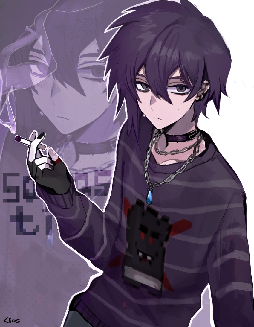 1boy alternate_costume artist_name black_eyes black_gloves black_nails chain cigarette closed_mouth commentary ear_piercing expressionless fingerless_gloves fingernails gloves goth_fashion hair_between_eyes highres holding holding_cigarette jewelry ku_li_tusi long_sleeves looking_at_viewer male_focus necklace piercing purple_hair purple_shirt sebastian_(stardew_valley) shirt short_hair smoke solo stardew_valley
