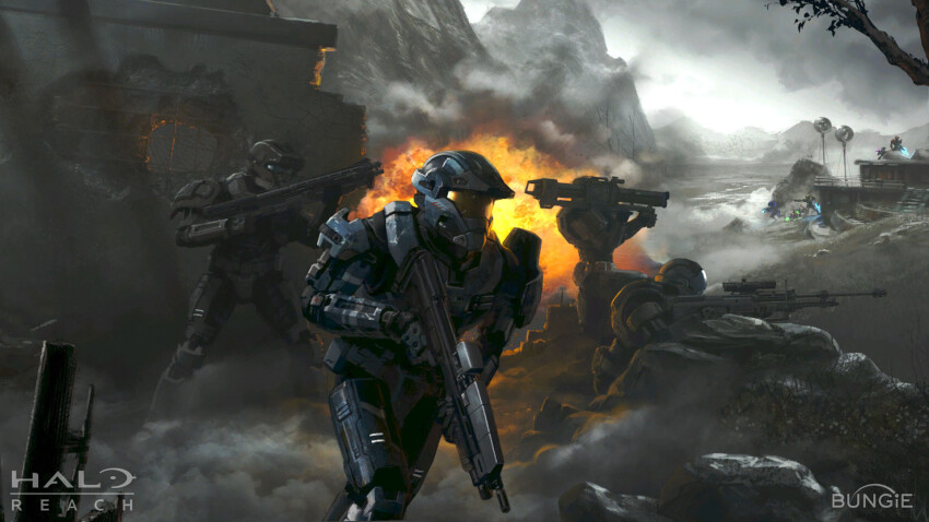 4others aiming anti-materiel_rifle armor assault_rifle assault_visor battle bullpup copyright_notice explosion gun halo:_reach halo_(series) helmet highres holding holding_gun holding_weapon isaac_hannaford kig-yar m41_spnkr m90 ma5 mountainous_horizon multiple_others official_art plasma_sword power_armor rifle rock rocket_launcher sangheili scope shoulder_armor smoke sniper_rifle spartan_(halo) srs99 tree unggoy weapon