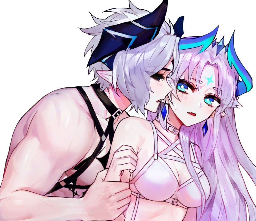1boy 1girl annuller_(elsword) bare_shoulders black_horns black_sclera blue_eyes blue_horns bra ciel_(elsword) colored_sclera earrings elsword grey_hair holding_another&#039;s_wrist horns ishtar_(elsword) jewelry long_hair looking_at_another luciela_r._sourcream mme12165 open_mouth pointy_ears short_hair simple_background underwear upper_body white_background white_bra