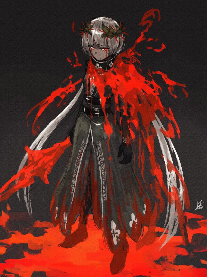 1girl absurdres akita_(akitakipuromun) black_gloves black_shoes blood bloody_tears charon_(project_moon) colored_skin commentary crown_of_thorns e.g.o_(project_moon) english_commentary expressionless full_body gloves grey_hair grey_skin highres holding holding_weapon limbus_company looking_at_viewer low_twintails no_headwear project_moon red_eyes shoes solo standing twintails weapon