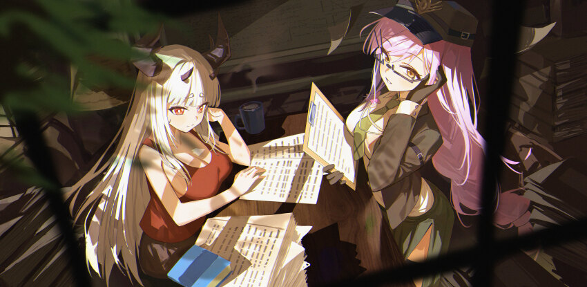 2girls absurdres akafuyu_(arknights) akafuyu_(temperament)_(arknights) akipopopopoon alternate_costume arknights bare_shoulders black_gloves blunt_bangs book breasts cleavage commentary_request cowboy_shot cup dragon_horns glasses gloves green_necktie green_skirt hair_ornament hairclip hand_up hat highres holding holding_notepad horns indoors jacket large_breasts long_hair long_sleeves looking_at_viewer low-tied_long_hair matoimaru_(arknights) mug multiple_girls necktie notepad official_alternate_costume open_clothes open_jacket orange_eyes paper_stack parted_lips peaked_cap pink_hair red_eyes red_tank_top semi-rimless_eyewear shirt skirt sweatdrop table tank_top under-rim_eyewear very_long_hair white_hair white_shirt