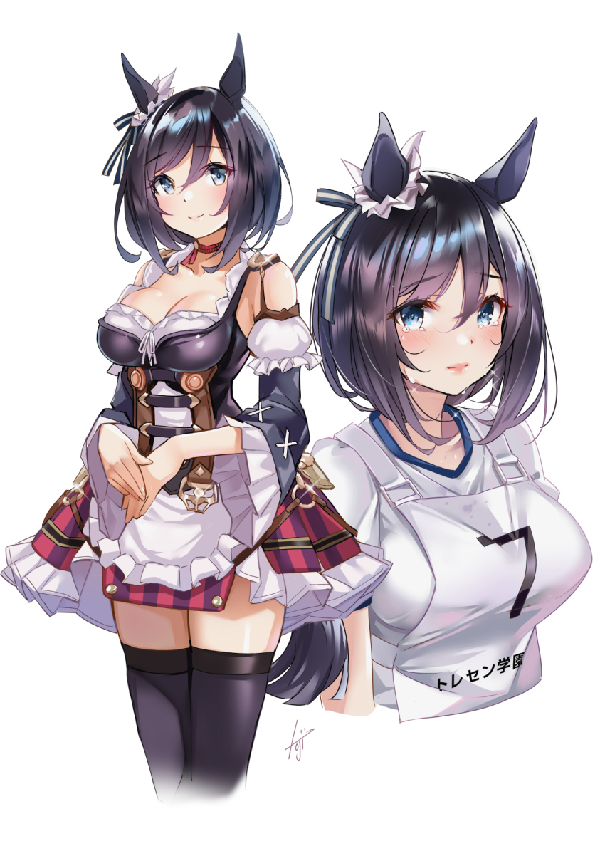 1girl animal_ears black_hair black_thighhighs blue_eyes bodice bow breasts choker cleavage commentary_request crying crying_with_eyes_open detached_sleeves dirndl ear_ornament ear_ribbon eishin_flash_(meisterschaft)_(umamusume) eishin_flash_(umamusume) german_clothes hair_between_eyes highres horse_ears horse_girl horse_tail koji_(kojikojimdw) looking_at_viewer multiple_views red_choker shirt signature simple_background tail tears thighhighs umamusume white_background white_shirt