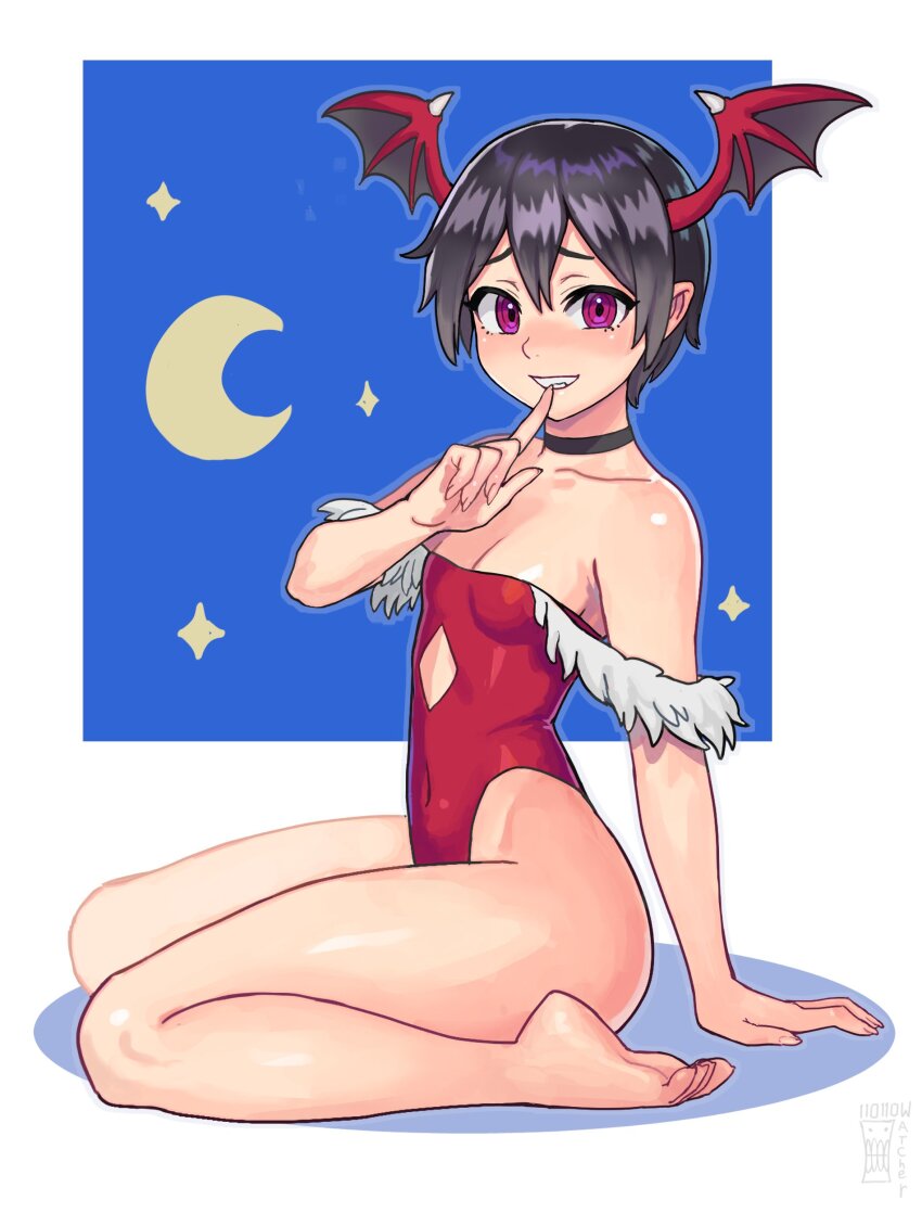 1girl absurdres alternate_hair_color artist_name ass bare_shoulders barefoot black_choker black_hair blush breasts choker collarbone covered_navel darkstalkers demon_girl finger_to_mouth full_body grin head_wings highres index_finger_raised leotard lilith_(darkstalkers) looking_at_viewer parted_lips pink_eyes pointy_ears red_leotard sitting small_breasts smile solo teeth wariza watcher_hollow wings