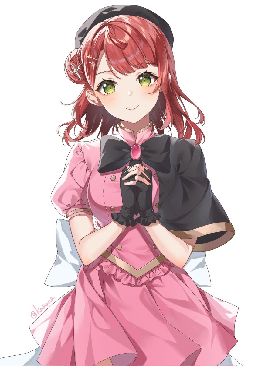 1girl black_bow black_bowtie black_capelet black_gloves blunt_bangs blush bow bowtie breasts bun_with_braided_base buttons capelet closed_mouth commentary_request corrupted_twitter_file cowboy_shot double-breasted fingerless_gloves frilled_gloves frills gloves green_eyes hair_bun hair_ornament hairclip half_updo highres interlocked_fingers jingshenquan looking_at_viewer love_live! love_live!_nijigasaki_high_school_idol_club love_live!_nijigasaki_high_school_idol_club_the_movie_-_finale medium_breasts medium_hair miniskirt own_hands_clasped own_hands_together pink_hair pleated_skirt puffy_short_sleeves puffy_sleeves short_sleeves side_cape single_side_bun skirt skirt_set smile solo stellar_stream_(love_live!) swept_bangs twitter_username uehara_ayumu