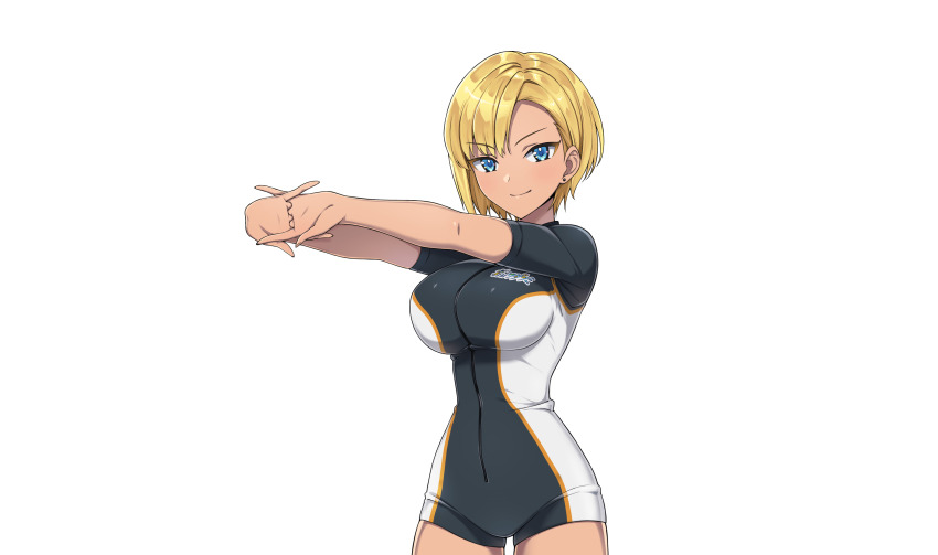 1girl blonde_hair blue_eyes bodysuit dark-skinned_female dark_skin diving_suit dolphin_wave earrings highres japanese_text jewelry murahaya_mashio official_art ootomo_takuji smile solo transparent_background