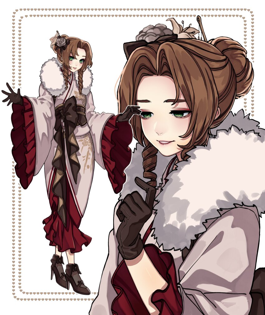 1girl absurdres aerith_gainsborough aerith_gainsborough_(festive_crimson_attire) black_footwear black_gloves brown_hair drill_hair final_fantasy final_fantasy_vii final_fantasy_vii_ever_crisis flower forehead fur_trim gloves green_eyes grey_flower grey_rose hair_flower hair_ornament high_heels highres japanese_clothes kimono long_hair mixed-language_commentary mochee_bi official_alternate_costume official_alternate_hairstyle rose smile solo white_background white_kimono wide_sleeves