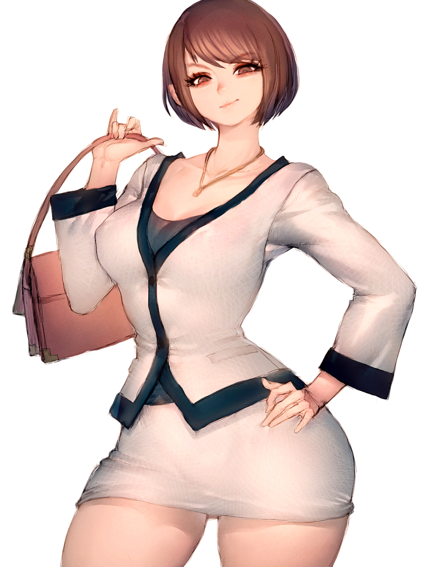 1girl bag black_shirt breasts brown_hair closed_mouth fumio_(rsqkr) gold_necklace hand_on_own_hip handbag highres holding holding_bag jacket jewelry long_sleeves looking_at_viewer mukoda_saeko necklace ryuu_ga_gotoku_(series) ryuu_ga_gotoku_7 shirt short_hair simple_background skirt smile solo standing white_jacket white_skirt