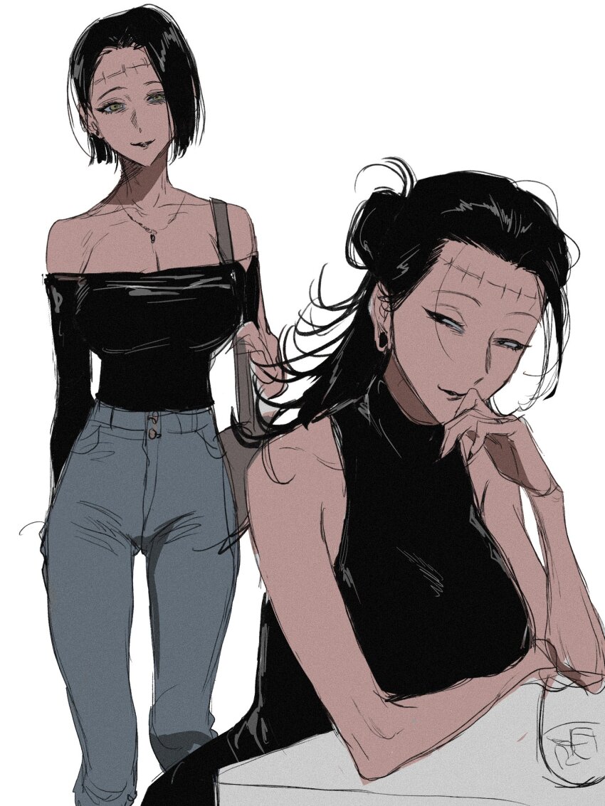 bag black_hair black_shirt bob_cut breasts denim dual_persona fallsoki genderswap genderswap_(mtf) getou_suguru getou_suguru_(kenjaku) grey_eyes hair_bun hand_on_own_face handbag highres itadori_kaori jeans jewelry jujutsu_kaisen kenjaku necklace pants possessed possession shirt stitches