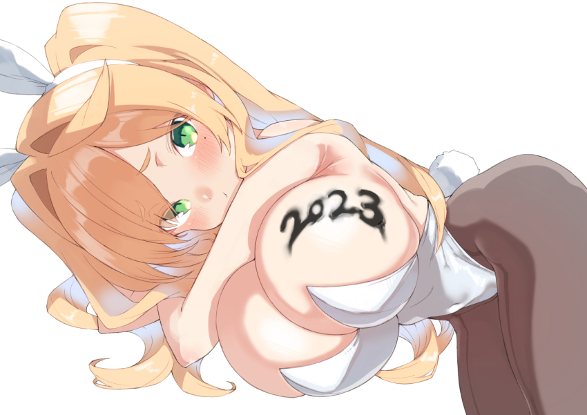 1girl 2023 animal_ears bare_shoulders black_pantyhose blonde_hair blush breasts childhood_friend_(kz_oji) cleavage fake_animal_ears green_eyes hair_over_one_eye huge_breasts kz_oji leotard lying on_side pantyhose playboy_bunny pout rabbit_ears rabbit_tail simple_background solo tagme thighs