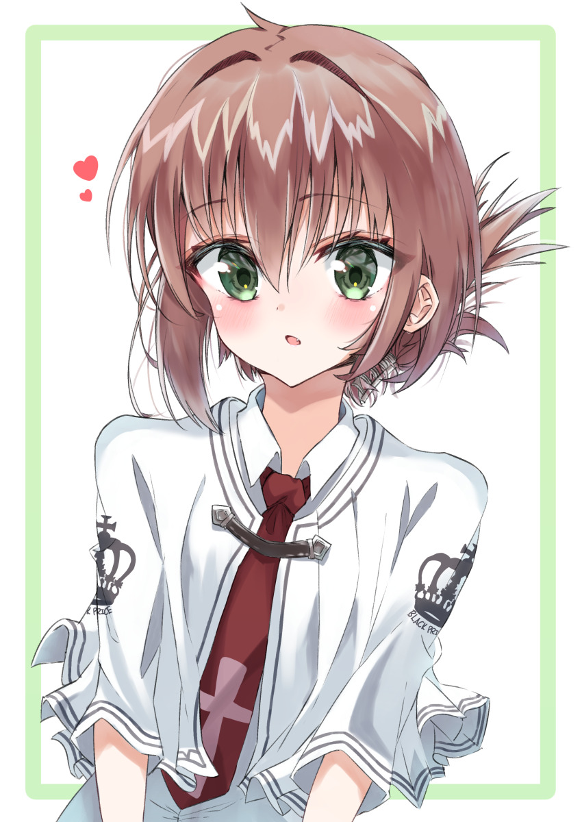1girl :o absurdres blush brown_hair capelet collared_shirt commentary cross cross_print crown_print eyes_visible_through_hair fang folded_ponytail green_eyes hair_between_eyes hair_intakes heart highres looking_at_viewer medium_hair necktie open_mouth popokki red_necktie school_uniform shirt simple_background solo subarashiki_hibi tachibana_kimika upper_body white_background white_capelet white_shirt