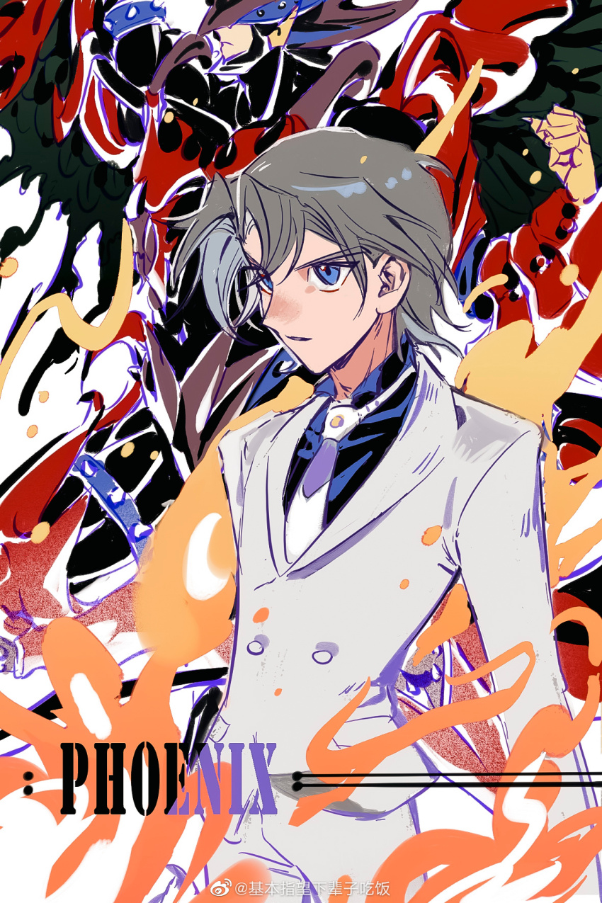 1boy blue_eyes destiny_hero_-_destroyer_phoenix_enforcer duel_monster edo_phoenix english_text feet_out_of_frame fire fire formal_clothes grey_hair hair_between_eyes highres jibao male_focus necktie short_hair solo_focus suit white_suit wind yu-gi-oh! yu-gi-oh!_gx