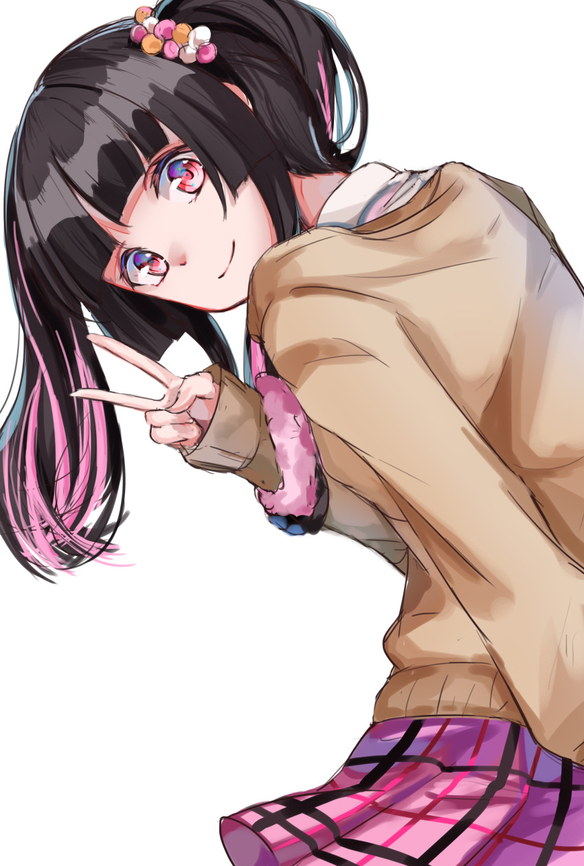 1girl absurdres black_hair blunt_bangs brown_sweater closed_mouth from_behind hair_ribbon highres long_hair long_sleeves looking_at_viewer looking_back miniskirt multicolored_hair pink_hair pink_skirt plaid_clothes plaid_skirt pleated_skirt red_eyes ribbon senki_zesshou_symphogear simple_background sketch skirt sleeves_past_wrists smile solo sweater tsukuyomi_shirabe twintails two-tone_hair v white_background yuunamida_uyu