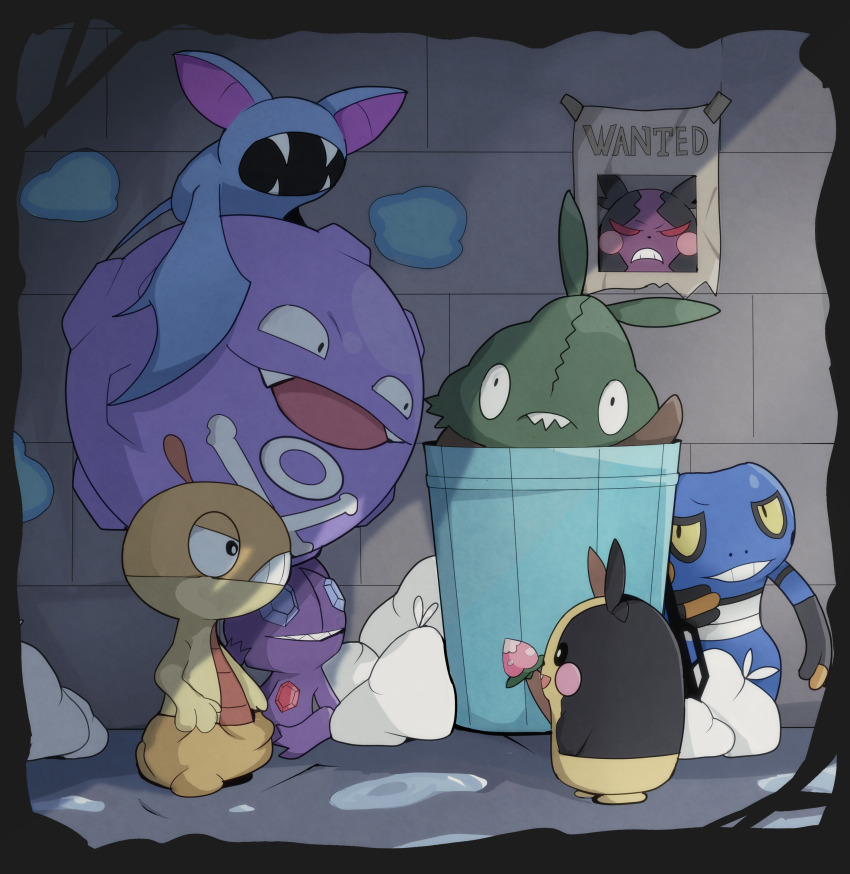 :d absurdres berry_(pokemon) black_border black_eyes border bright_pupils commentary_request croagunk fangs gen_1_pokemon gen_3_pokemon gen_4_pokemon gen_5_pokemon gen_8_pokemon highres holding koffing kurorinn125 looking_down morpeko morpeko_(full) morpeko_(hangry) nintendo no_humans open_mouth pokemon pokemon_(creature) poster_(object) sableye scraggy smile teeth trash_bag trash_can trubbish white_pupils zubat