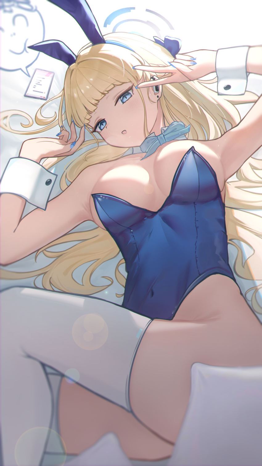 1girl absurdres animal_ears blonde_hair blue_archive blue_bow blue_eyes blue_hairband blue_halo blue_leotard blue_nails bow breasts breasts_apart cellphone commentary commentary_request detached_collar doodle_sensei_(blue_archive) earpiece fake_animal_ears hairband halo highleg highleg_leotard highres kamory leotard long_hair looking_at_viewer lying medium_breasts official_alternate_costume phone playboy_bunny rabbit_ears sensei_(blue_archive) smartphone solo strapless strapless_leotard thighhighs toki_(blue_archive) toki_(bunny)_(blue_archive) v white_thighhighs white_wrist_cuffs wrist_cuffs